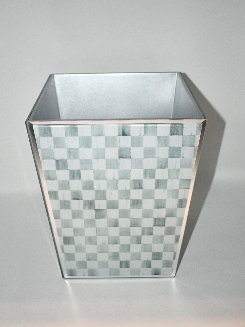 Mackenzie Childs Sterling Check Glass Waste Bin #44102-0540 NIB Details: Printed